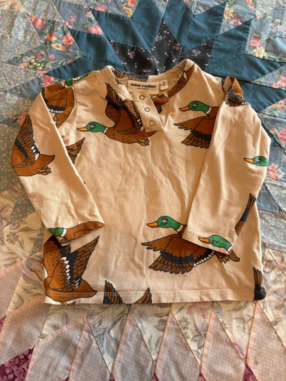 Mini Rodini Beige Duck Print Long Sleeve Shirt